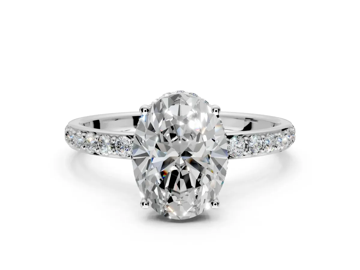 Hidden Halo Engagement Ring Setting for Oval Center with Pave Band and Prong Head in Sterling Silver