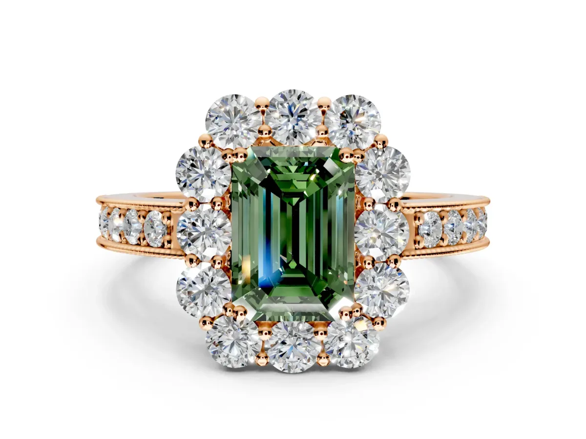 Halo Engagement Ring Setting for Fancy Green Emerald Cut Center with Milgrain Channel Band and Prong Head in Rose Gold