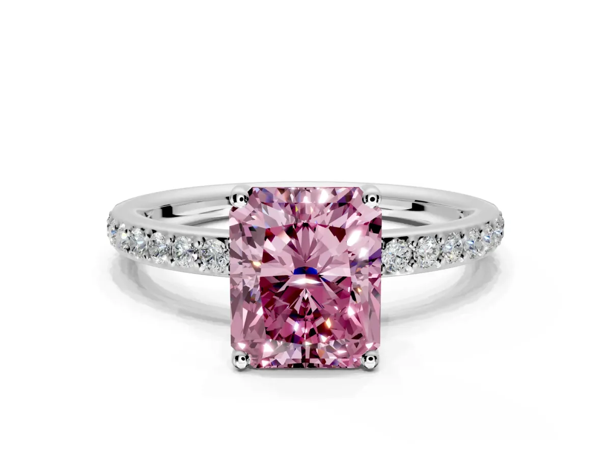 Solitaire Engagement Ring Setting for Fancy Pink Radiant Cut Center with Fine Pave Band and Prong Head in Platinum