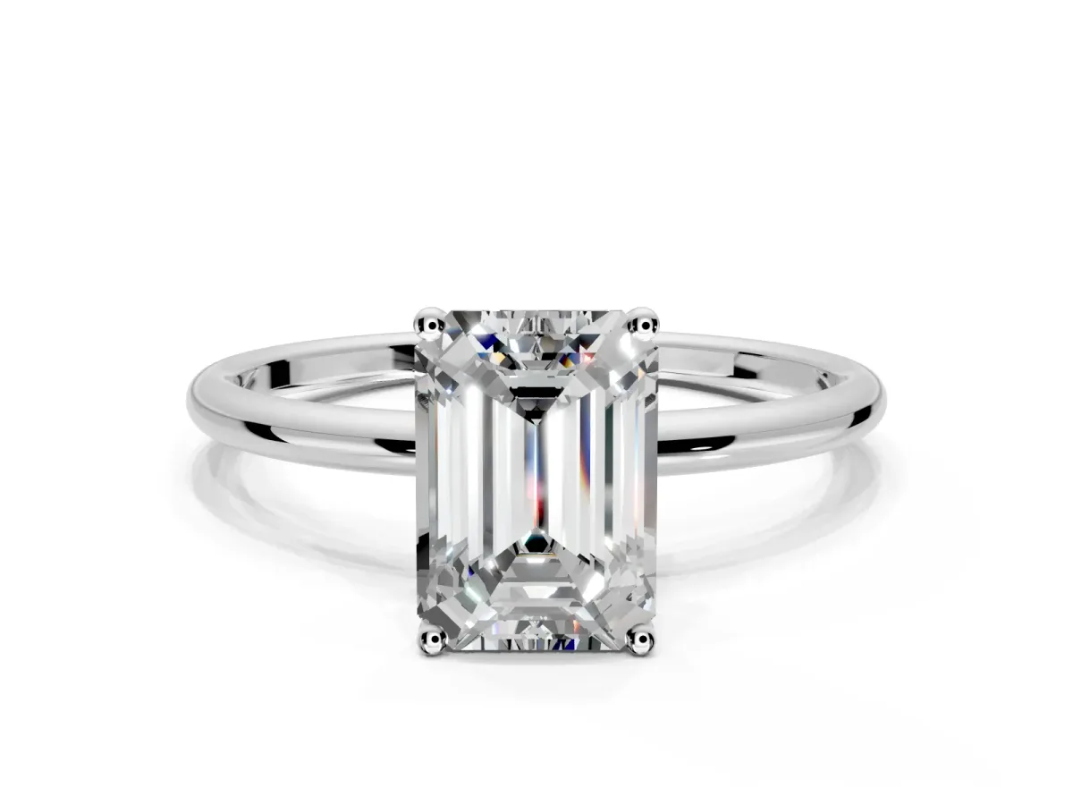 Solitaire Engagement Ring Setting for Emerald Cut Center with Straight Thin Band and Prong Head in Platinum