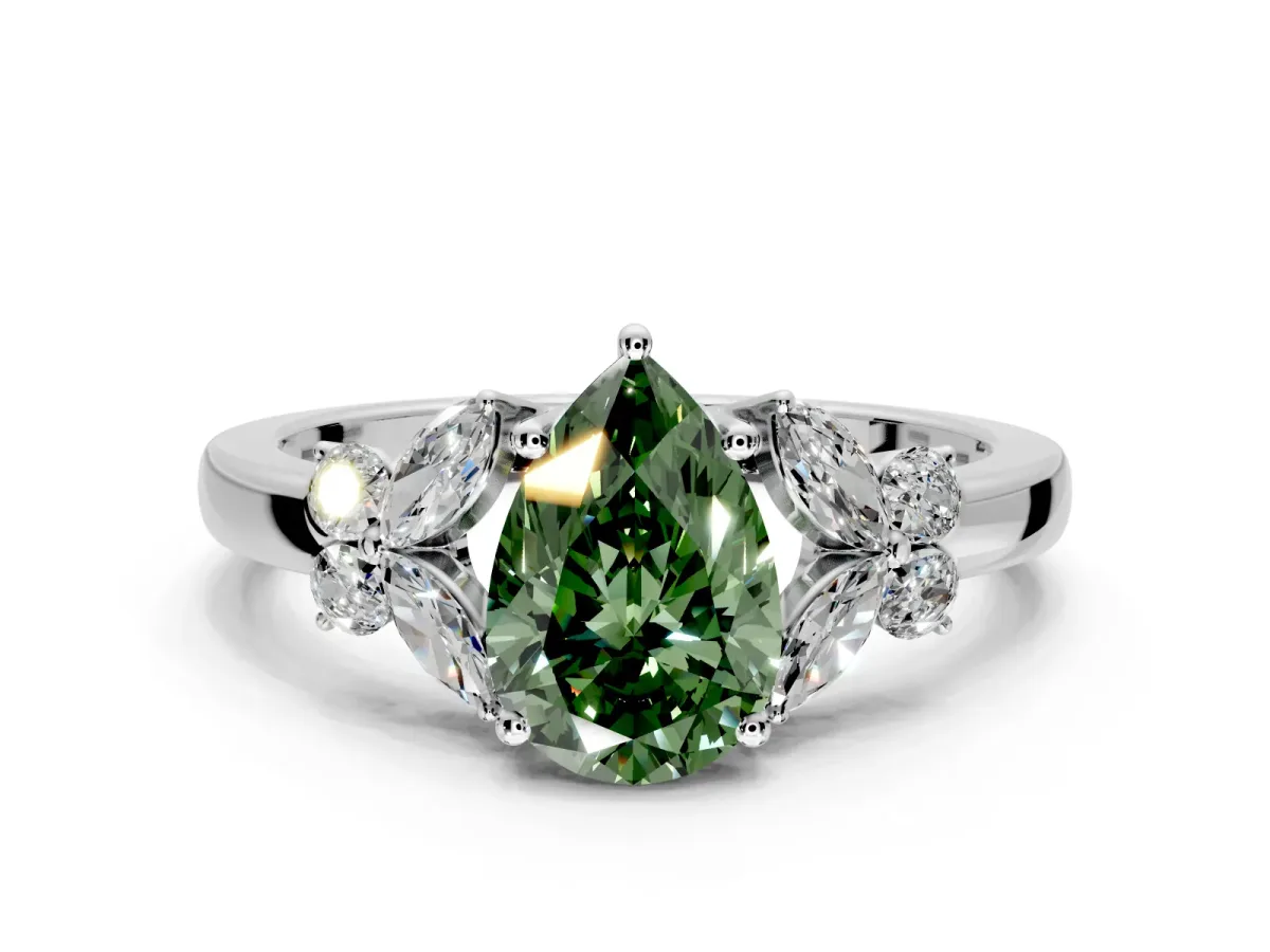 Solitaire Engagement Ring Setting for Fancy Green Pear-Shaped Center with Marquise Flower Shoulders and Prong Head in Platinum