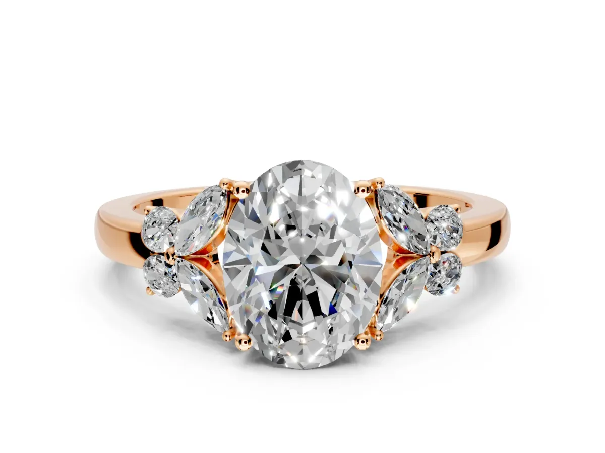 Solitaire Engagement Ring Setting for Oval Center with Marquise Flower Shoulders and Prong Head in Rose Gold