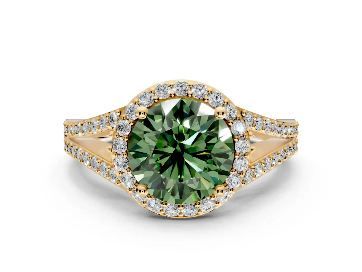 Halo Engagement Ring Setting for Fancy Green Round Cut Center with Pave Split Shank and Prong Head in Yellow Gold
