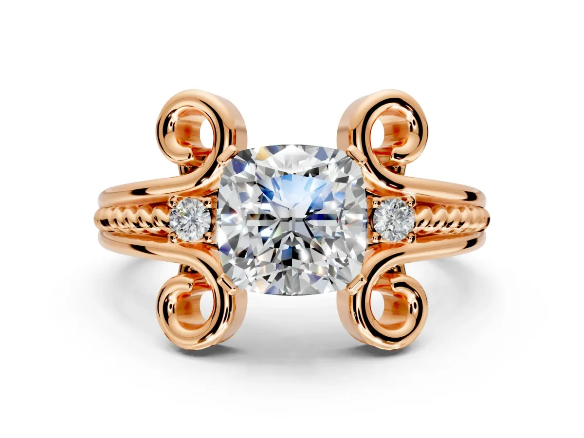 Solitaire Engagement Ring Setting for Cushion Cut Center with Twisted Band and Scroll Prong Head in Rose Gold