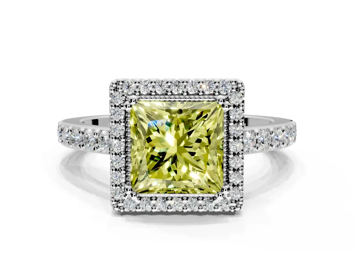 Halo Engagement Ring Setting for Fancy Yellow Princess Cut Center with Inner Milgrain Border and Prong Head in White Gold