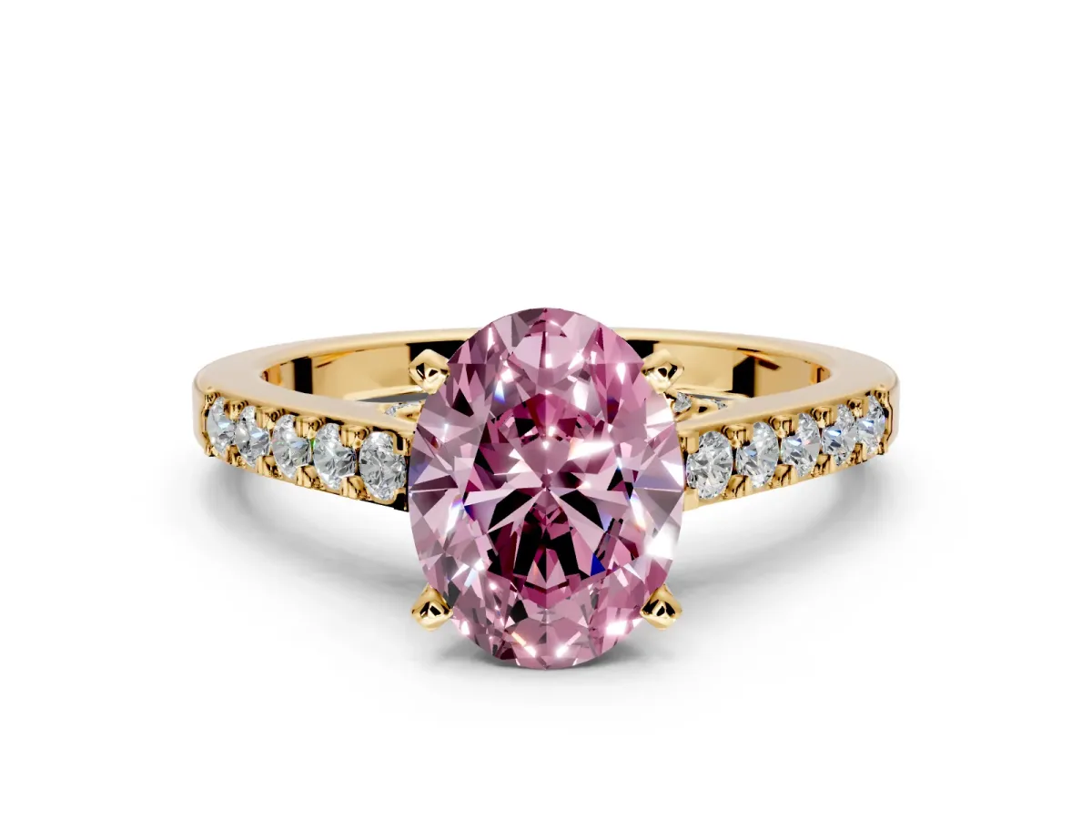 Solitaire Engagement Ring Setting for Fancy Pink Oval Center with Crossover Accents and Prong Head in Yellow Gold
