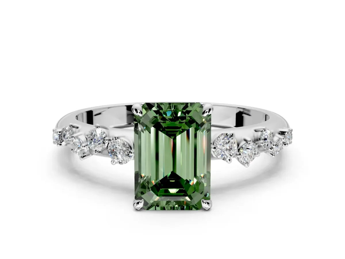Cluster Engagement Ring Setting for Fancy Green Emerald Cut Center with Round Cut Accent Band and Prong Head in Sterling Silver