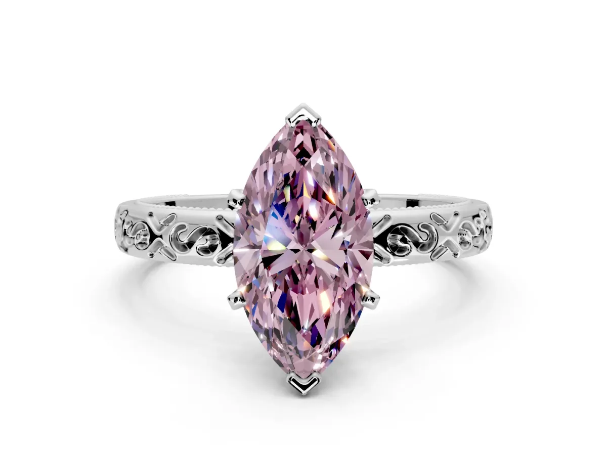 Solitaire Engagement Ring Setting for Fancy Pink Marquise Center with Scrollwork Band and Prong Head in White Gold
