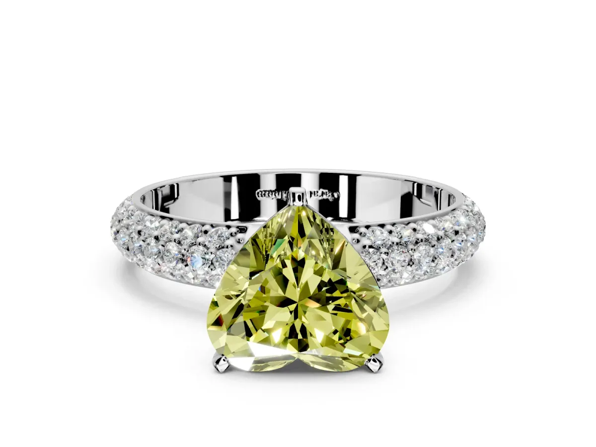 Solitaire Engagement Ring Setting for Fancy Yellow Heart-Shaped Center with Domed Multi-Row Pave Band and Prong Head in Platinum