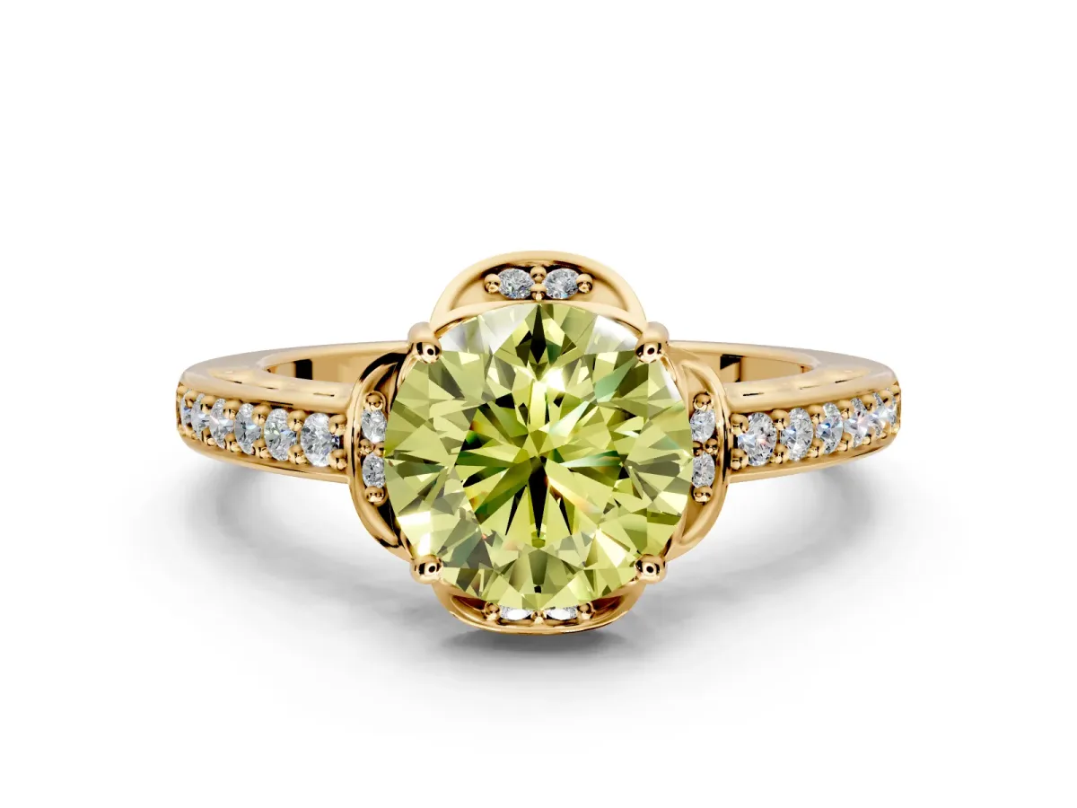 Floral Engagement Ring Setting for Fancy Yellow Round Cut Center with Four Accent Clusters and Prong Head in Yellow Gold