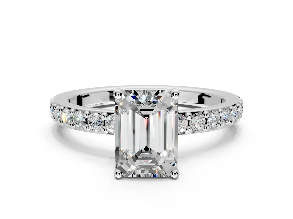 Solitaire Engagement Ring Setting for Emerald Cut Center with Round Cut Pave Band and Prong Head in Platinum