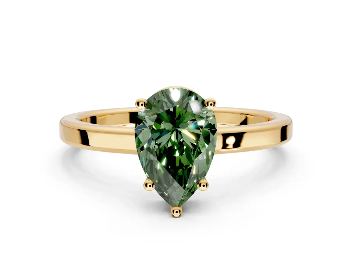 Hidden Halo Engagement Ring Setting for Fancy Green Pear-Shaped Center with Wide Flat Plain Band and Prong Head in Yellow Gold