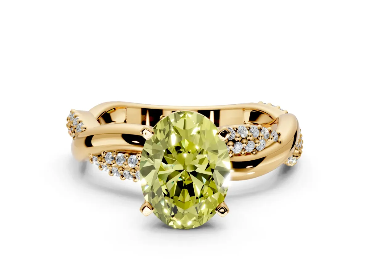 Solitaire Engagement Ring Setting for Fancy Yellow Oval Center with Pave and Plain Crossover and Basket Head in Yellow Gold