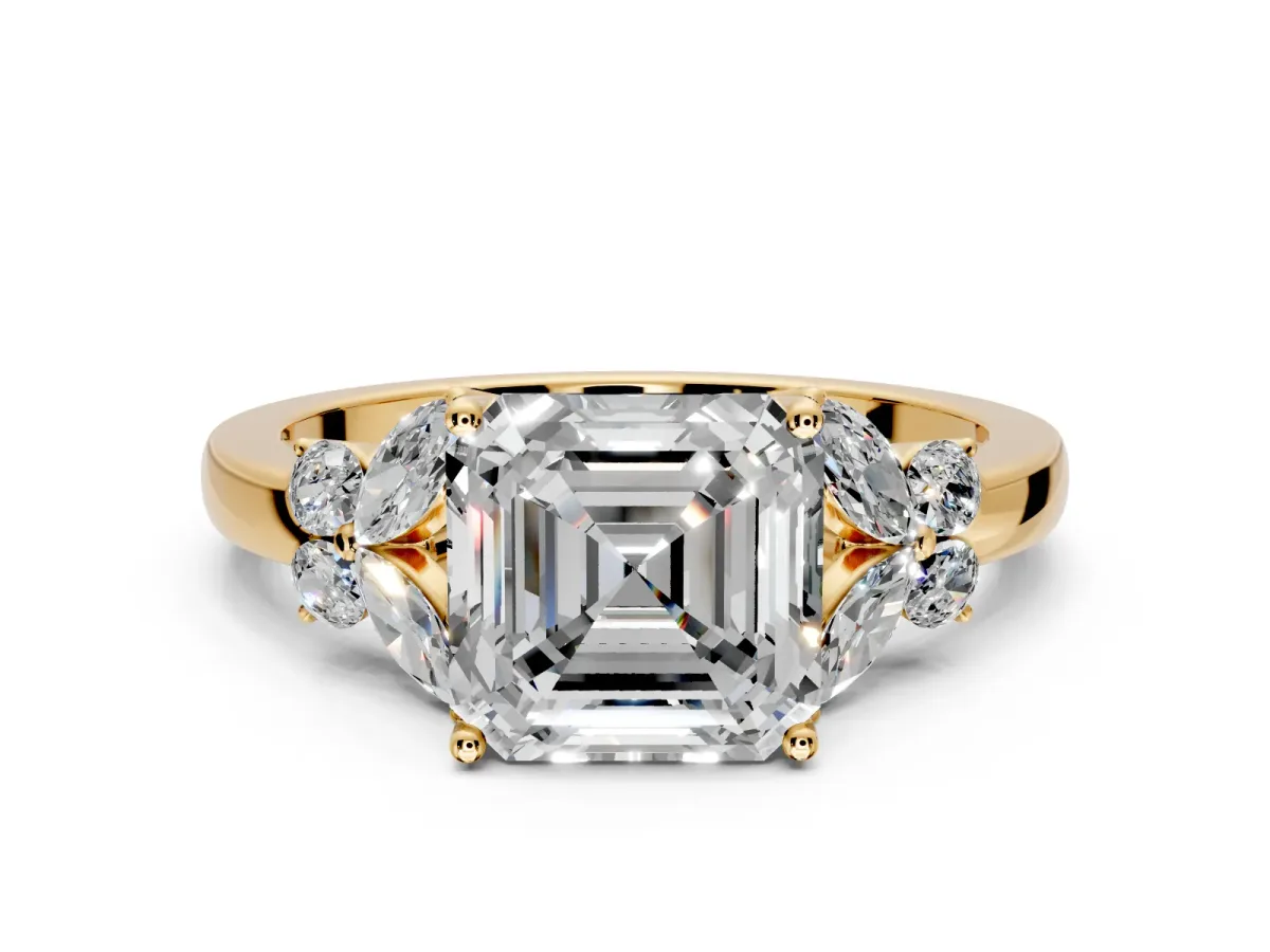 Solitaire Engagement Ring Setting for Asscher Cut Center with Marquise Flower Shoulders and Prong Head in Yellow Gold