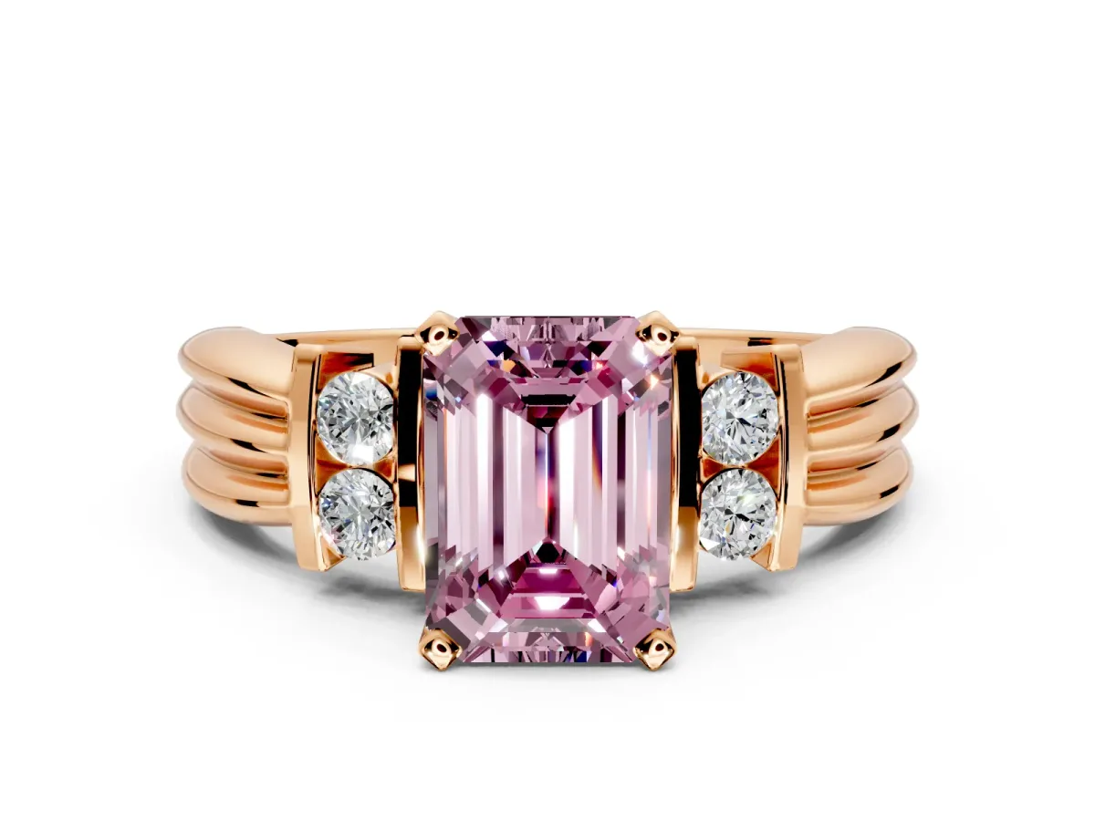 Solitaire Engagement Ring Setting for Fancy Pink Emerald Cut Center with Grooved Bar Accent Band and Prong Head in Rose Gold