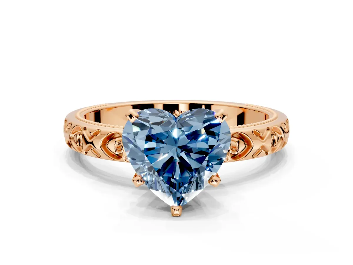 Solitaire Engagement Ring Setting for Fancy Blue Heart-Shaped Center with XO Engraved Band and Prong Head in Rose Gold