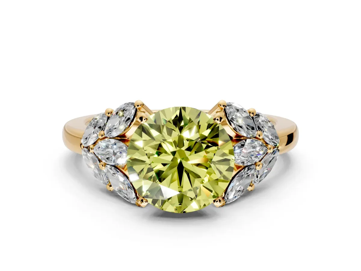 Leaf Cluster Engagement Ring Setting for Fancy Yellow Round Cut Center with Marquise Accents and Prong Head in Yellow Gold