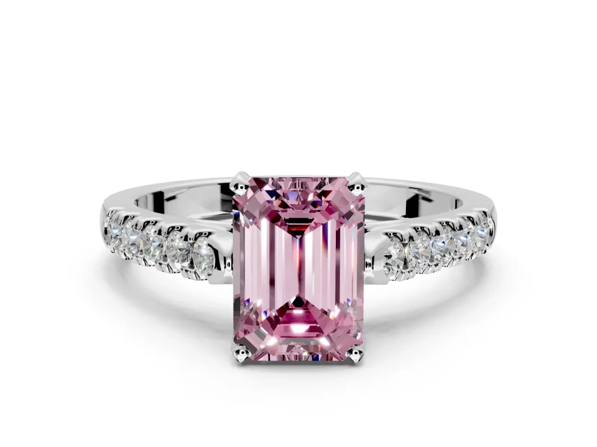 Solitaire Engagement Ring Setting for Fancy Pink Emerald Cut Center with Partway Pave Band and Prong Head in Sterling Silver