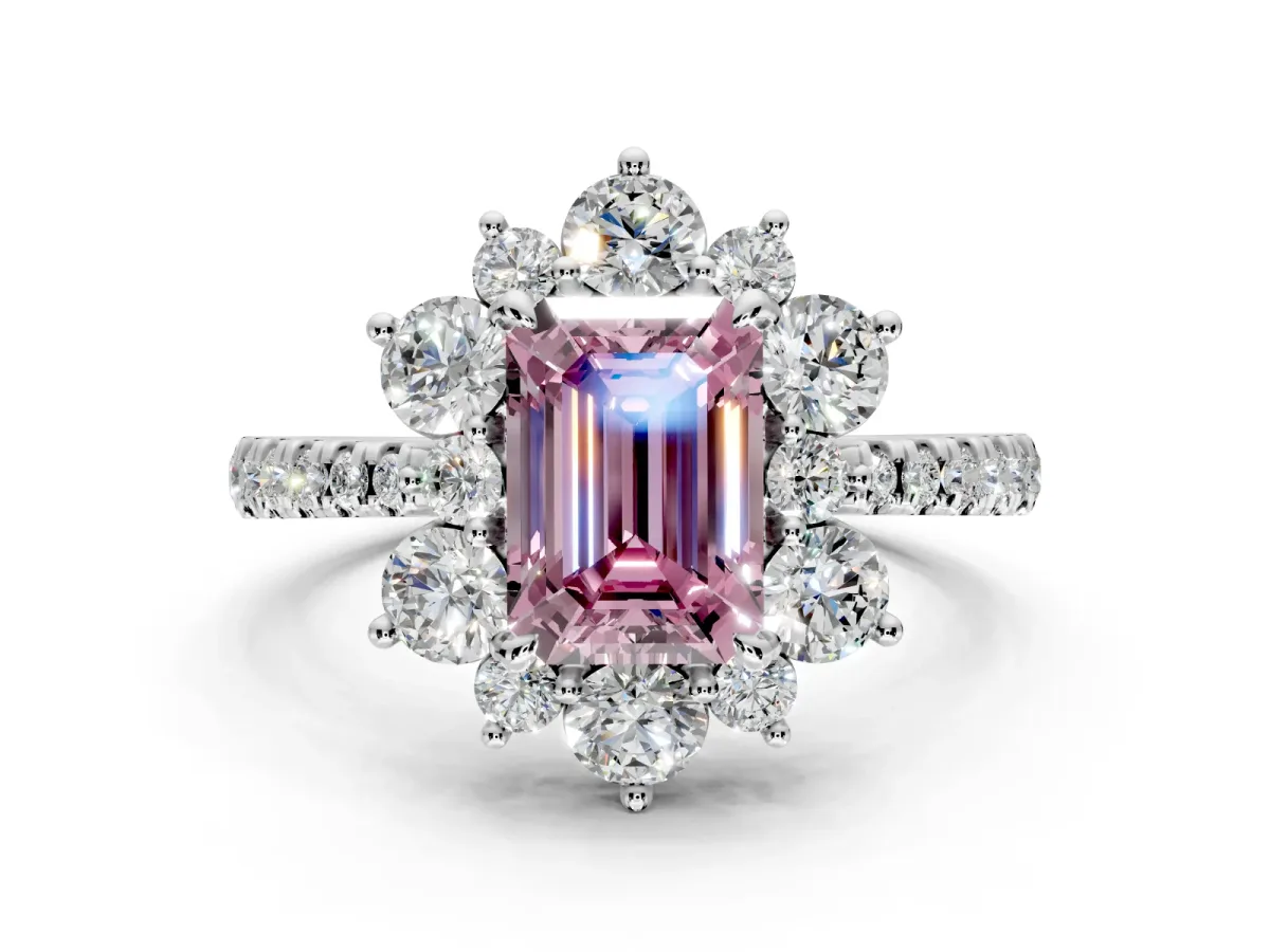 Floral Halo Engagement Ring Setting for Fancy Pink Emerald Cut Center with Pave Accents and Prong Head in Sterling Silver