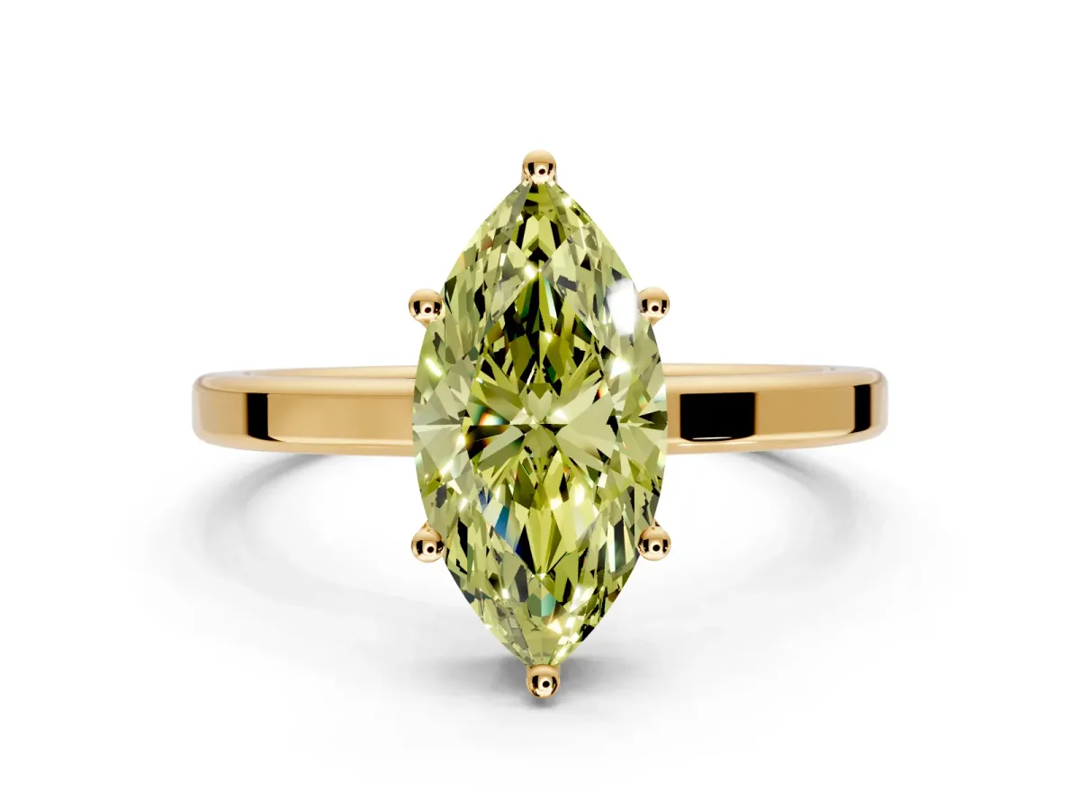 Hidden Halo Engagement Ring Setting for Fancy Yellow Marquise Center with Wide Flat Plain Band and Prong Head in Yellow Gold