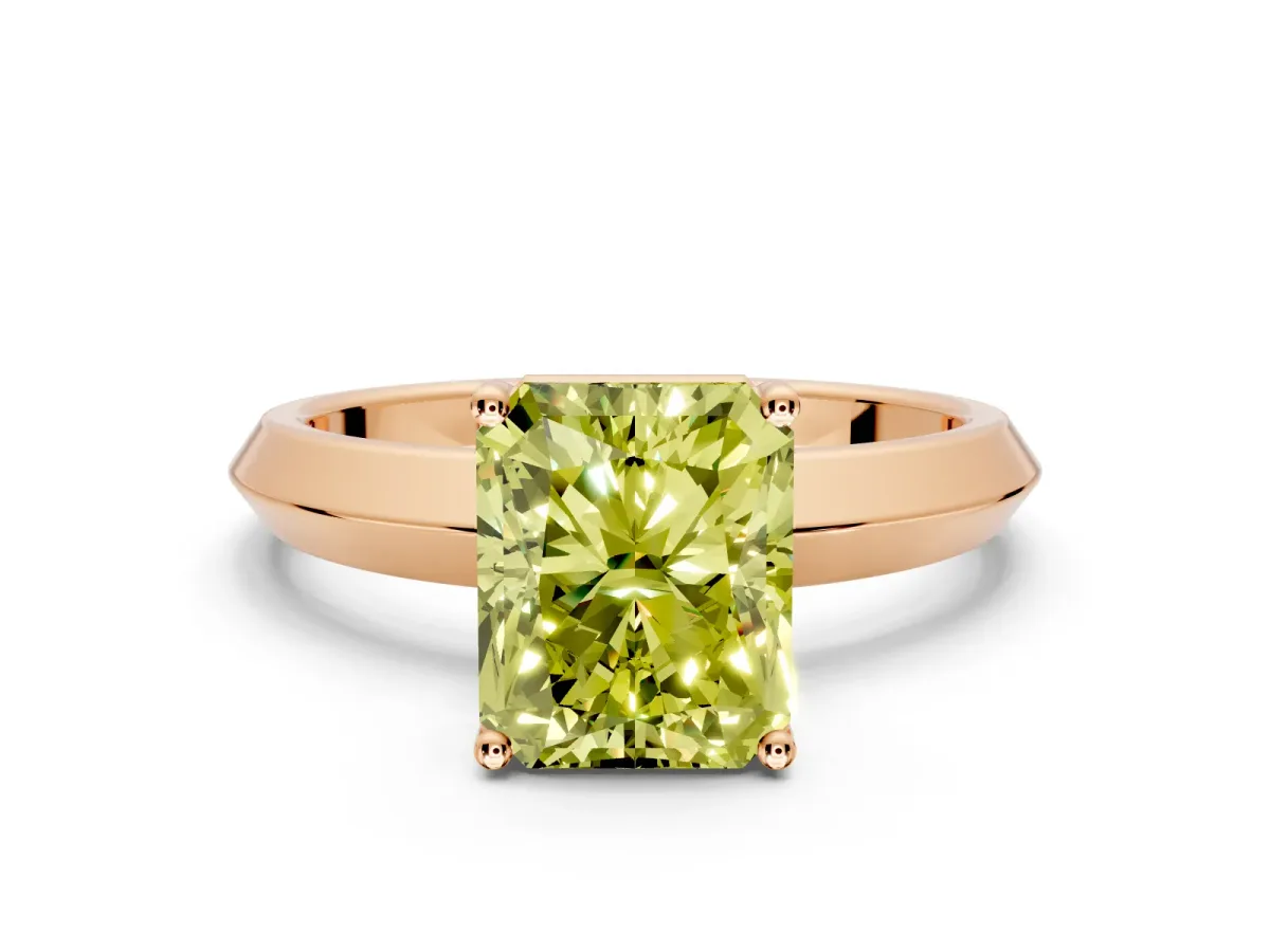 Solitaire Engagement Ring Setting for Fancy Yellow Radiant Cut Center with Wide Knife Ridge Band and Prong Head in Rose Gold