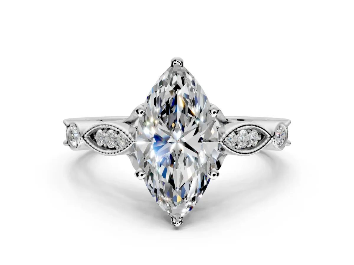 Solitaire Engagement Ring Setting for Marquise Center with Marquise and Bezel Accents and Prong Head in Sterling Silver
