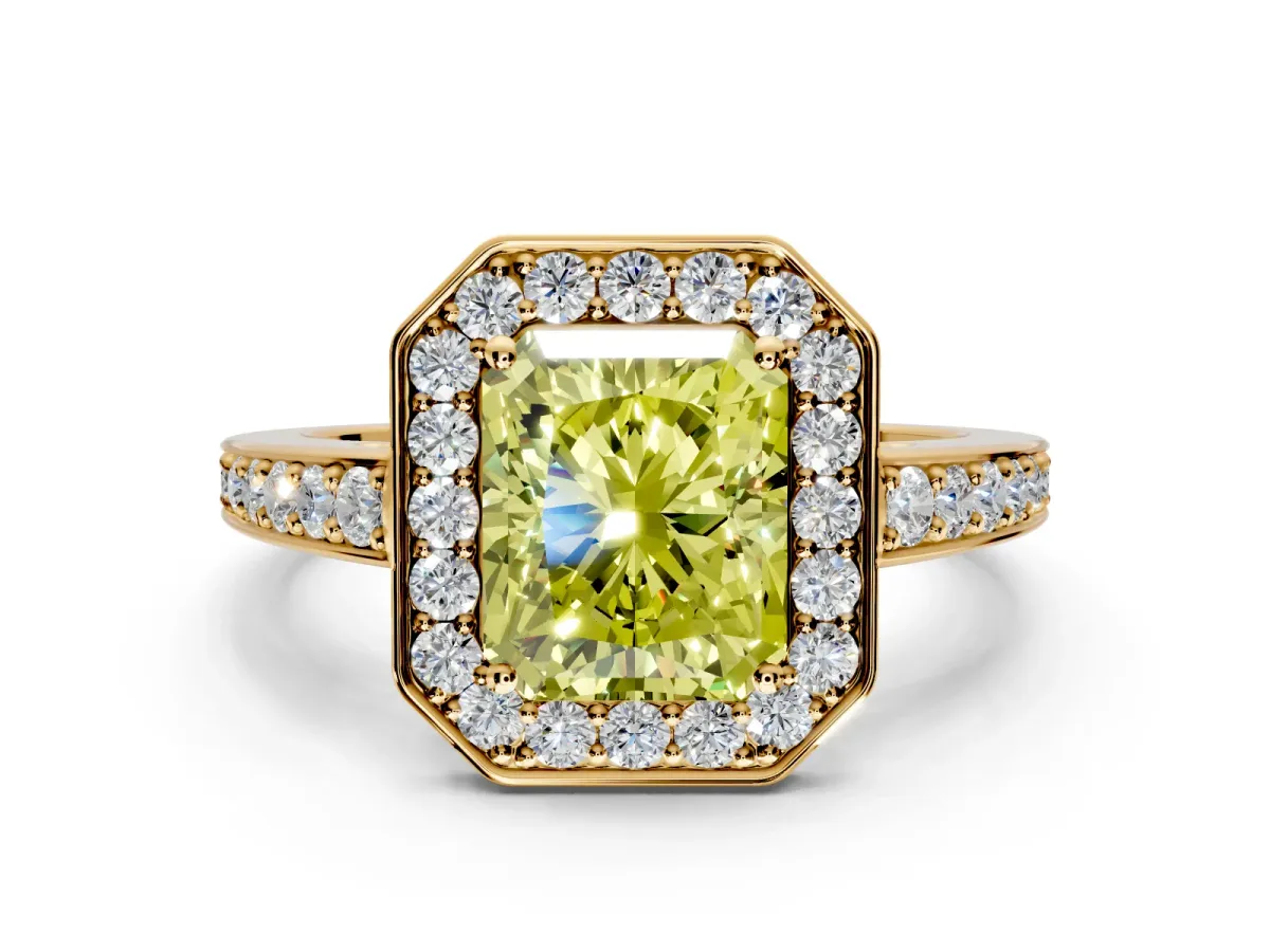 Bezel-Framed Halo Engagement Ring Setting for Fancy Yellow Radiant Cut Center with Pave Band and Prong Head in Yellow Gold