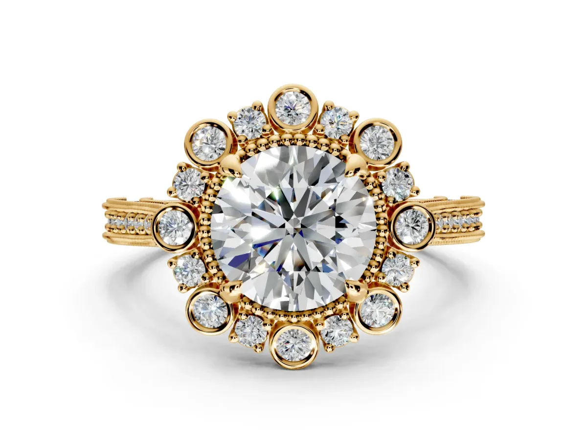 Milgrain Halo Engagement Ring Setting for Round Cut Center with Bezel Point Accents and Prong Head in Yellow Gold