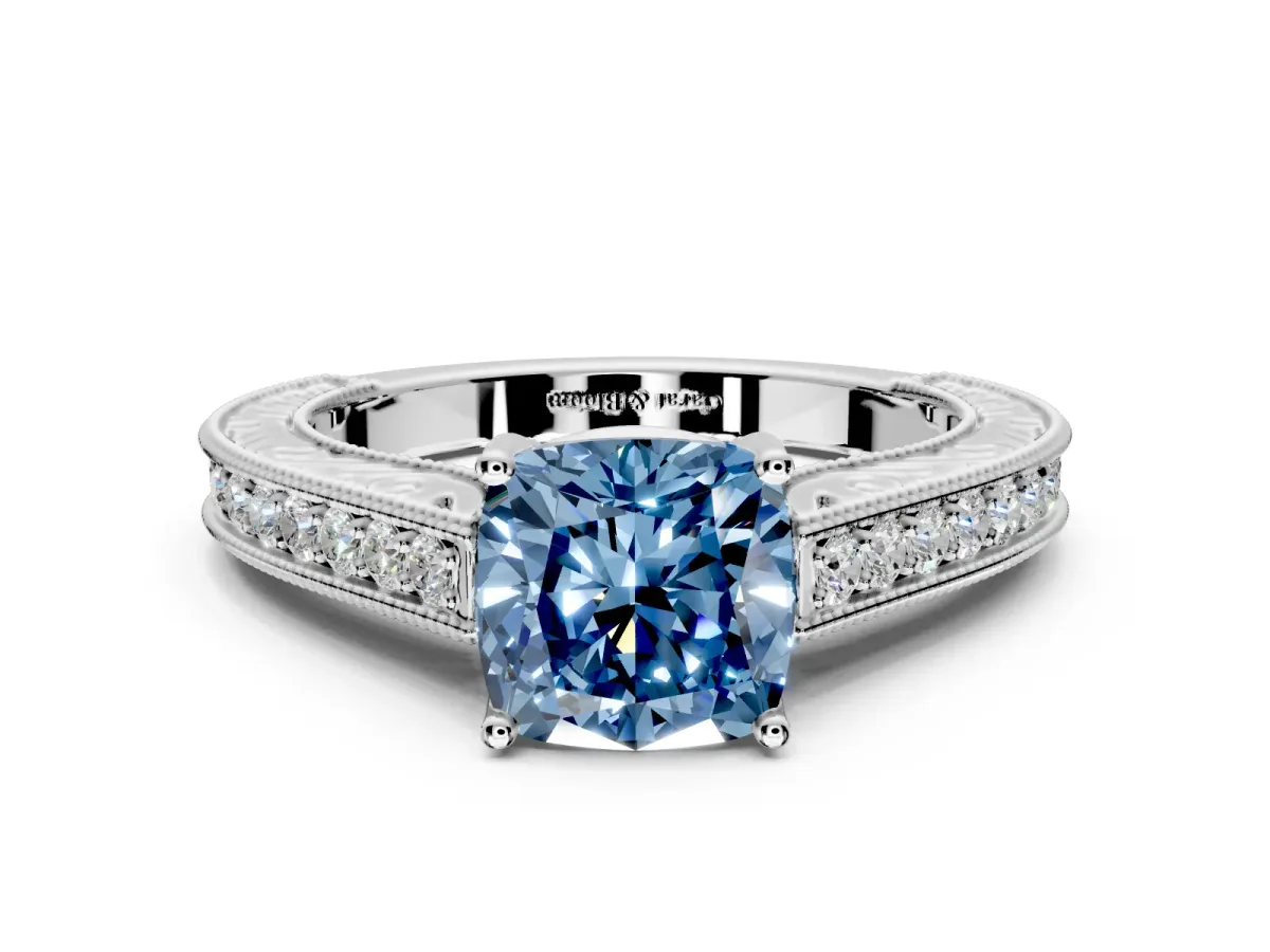 Solitaire Engagement Ring Setting for Fancy Blue Cushion Cut Center with Engraved Pave Band and Prong Head in Platinum