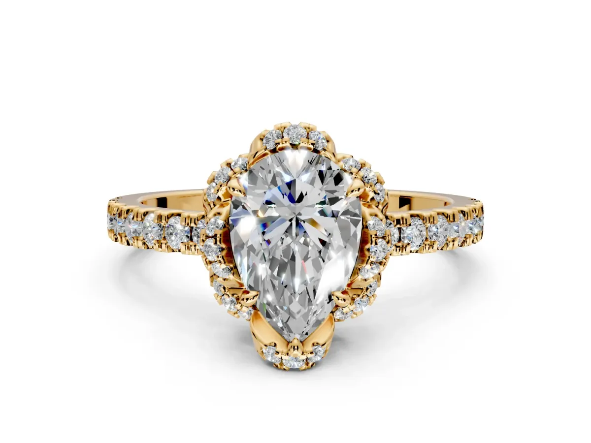 Halo Engagement Ring Setting for Pear-Shaped Center with Openwork Halo, Pave Band and Prong Head in Yellow Gold