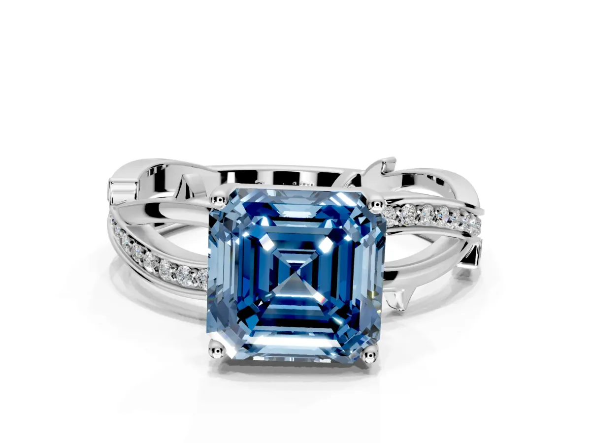 Solitaire Engagement Ring Setting for Fancy Blue Asscher Cut Center with Pave and Plain Crossover Band and Prong Head in Sterling Silver
