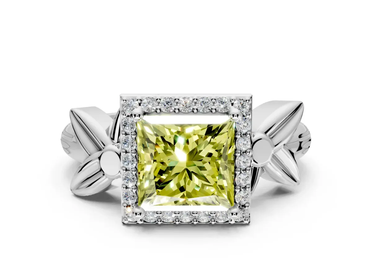 Halo Engagement Ring Setting for Fancy Yellow Princess Cut Center with Floral Band and Prong Head in Sterling Silver