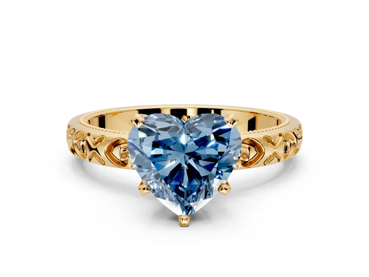Solitaire Engagement Ring Setting for Fancy Blue Heart-Shaped Center with XO Engraved Band and Prong Head in Yellow Gold