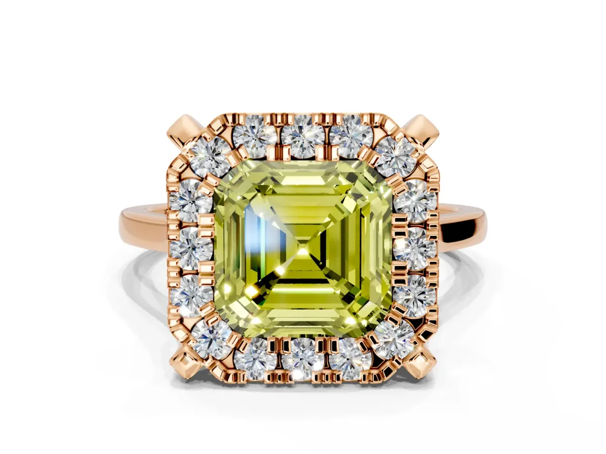 Single Halo Engagement Ring Setting for Fancy Yellow Asscher Cut Center with Corner Claws, Plain Band and Prong Head in Rose Gold