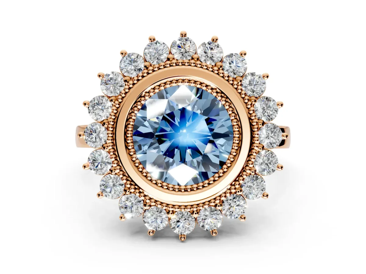 Halo Engagement Ring Setting for Fancy Blue Round Cut Center with Milgrain Bezel Rim, Plain Band and Prong Head in Rose Gold