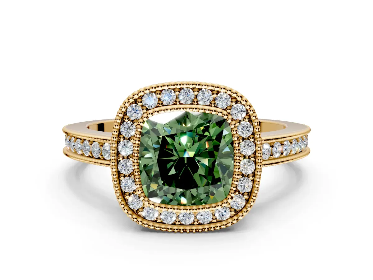 Halo Engagement Ring Setting for Fancy Green Cushion Cut Center with Milgrain Halo, Pave Band and Prong Head in Yellow Gold