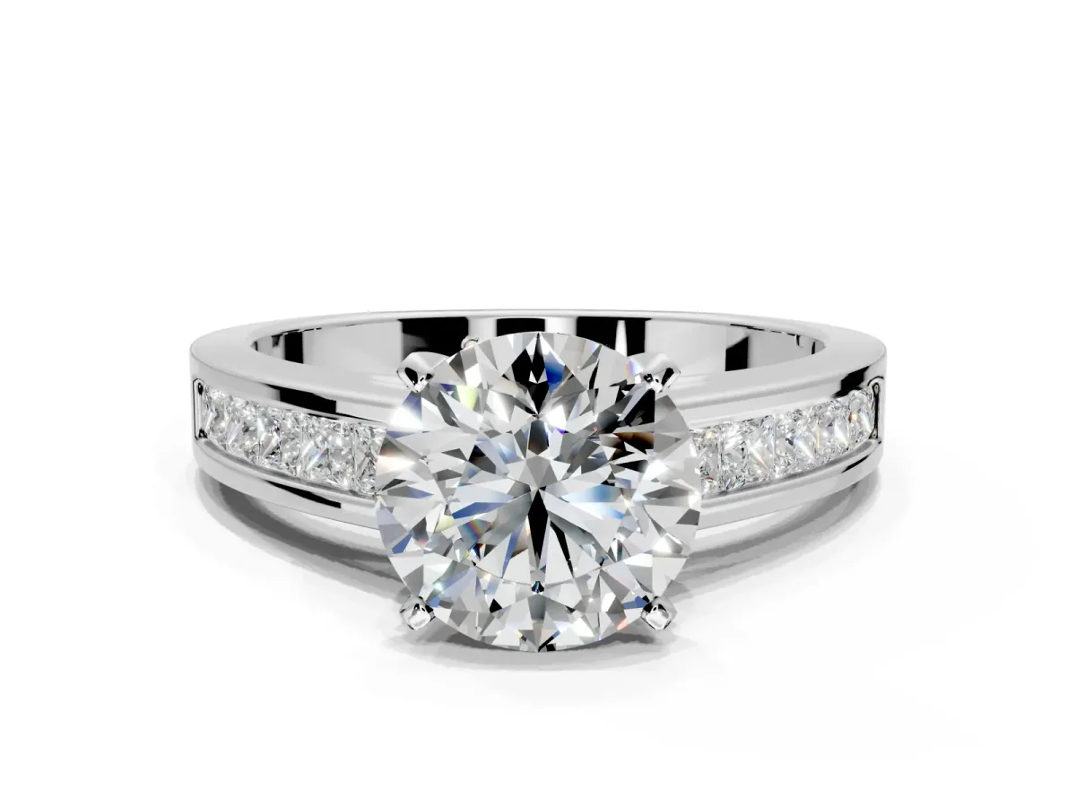 Solitaire Engagement Ring Setting for Round Cut Center with Princess Cut Channel Band and Prong Head in Sterling Silver