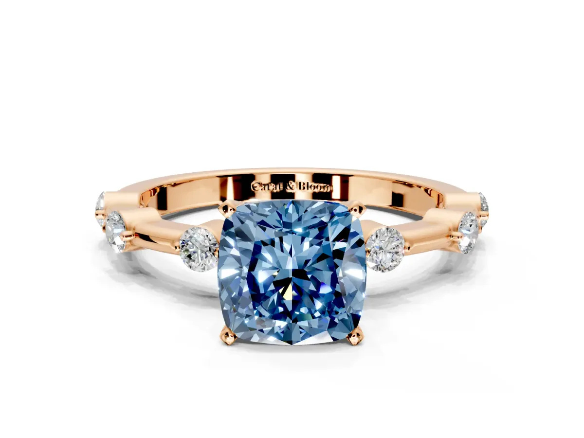 Solitaire Engagement Ring Setting for Fancy Blue Cushion Cut Center with Bezel Station Band and Prong Head in Rose Gold