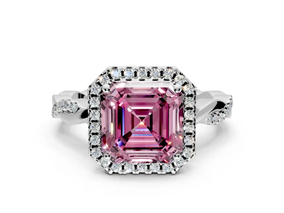 Halo Engagement Ring Setting for Fancy Pink Asscher Cut Center with Pave and Plain Twist Band and Prong Head in Platinum