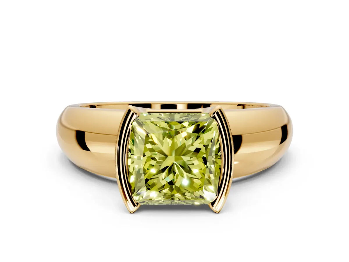 Tension Engagement Ring Setting for Fancy Yellow Princess Cut Center with Wide Flat Band and Tension Head in Yellow Gold