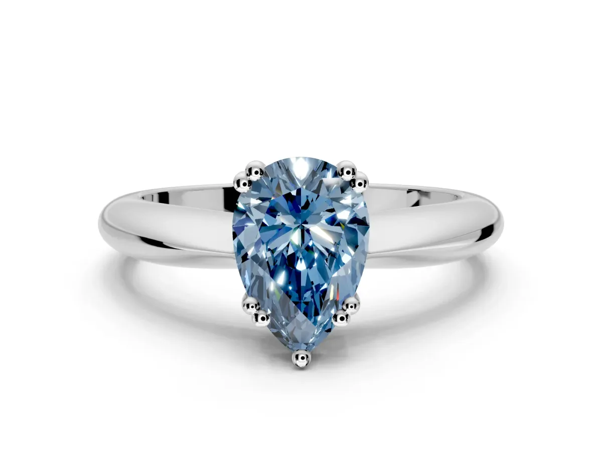 Solitaire Engagement Ring Setting for Fancy Blue Pear-Shaped Center with Reverse Tapered Band and Prong Head in Sterling Silver