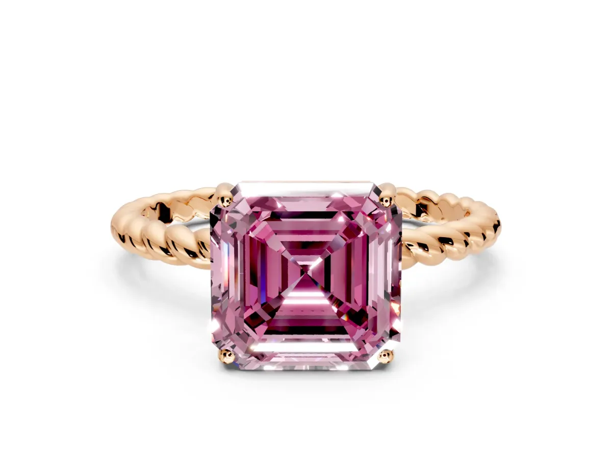 Solitaire Engagement Ring Setting for Fancy Pink Asscher Cut Center with Plain Twisted Rope Band and Prong Head in Rose Gold