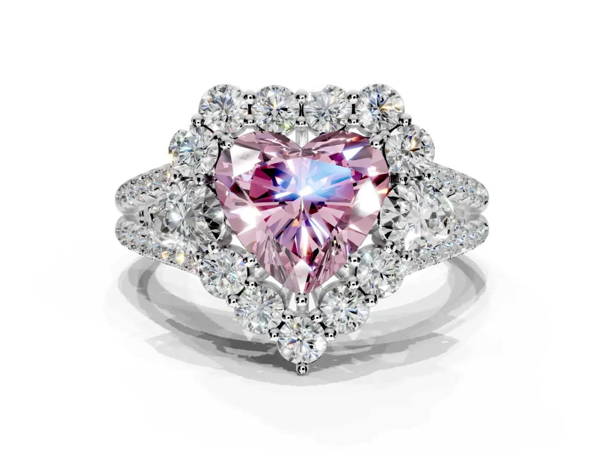Halo Engagement Ring Setting for Fancy Pink Heart-Shaped Center with Two-Strand Split Shank and Prong Head in Sterling Silver