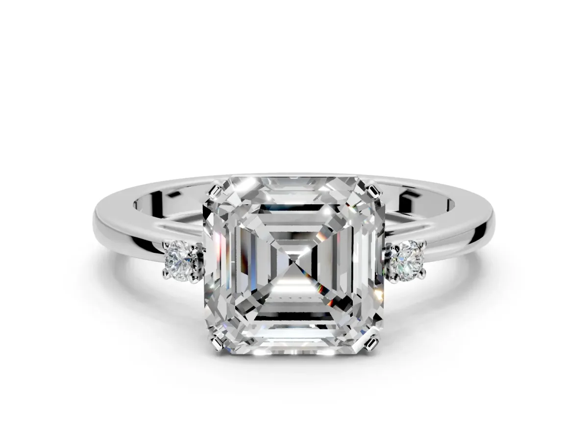 3 Stone Engagement Ring Setting for Asscher Cut Center with Low-Set Round Cut Accents and Prong Head in Platinum