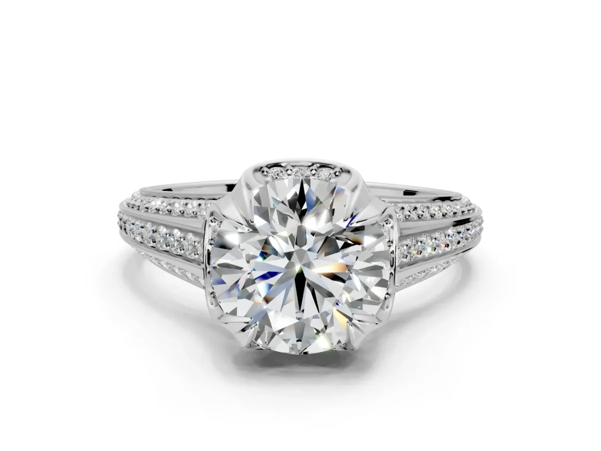 Solitaire Engagement Ring Setting for Round Cut Center with Accented Split Shank and Prong Head in Platinum