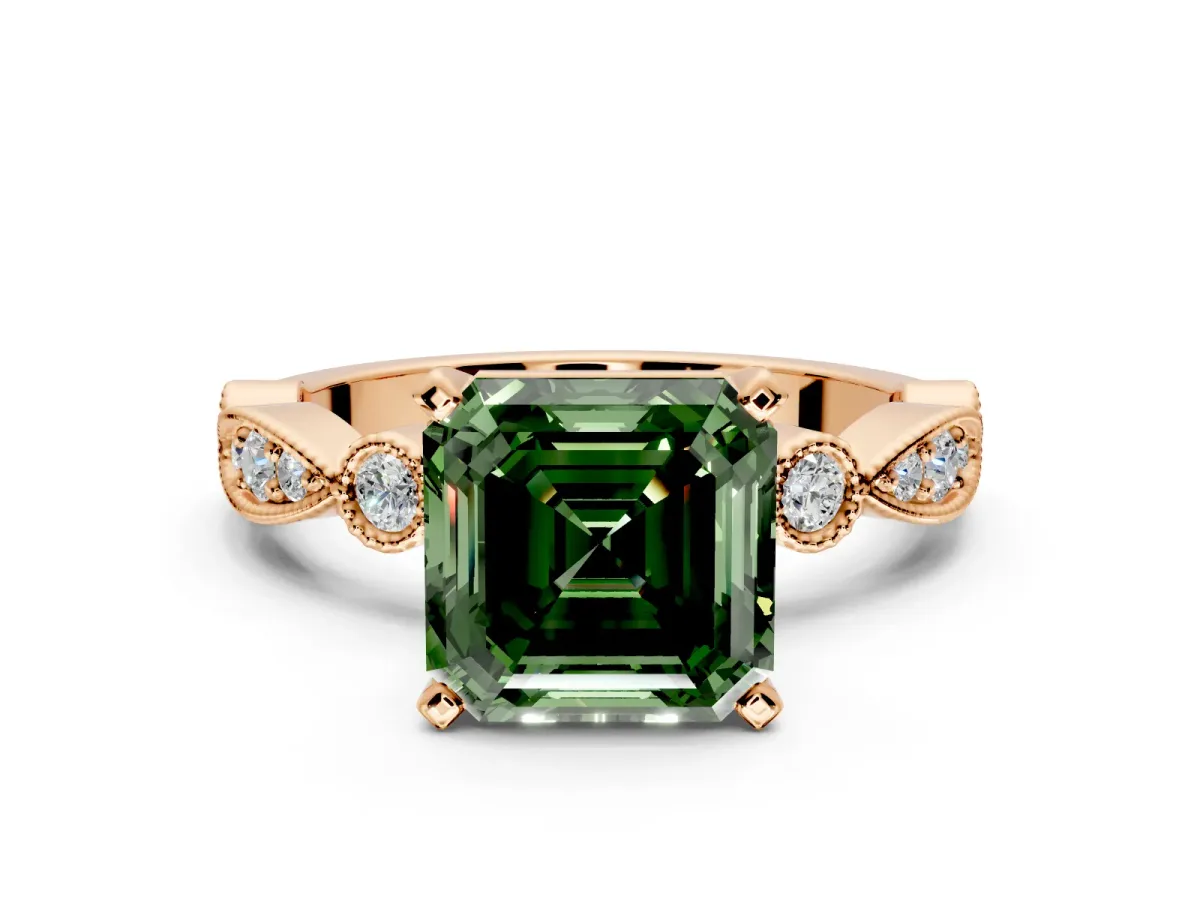 Solitaire Engagement Ring Setting for Fancy Green Asscher Cut Center with Milgrain Bezel Accents and Prong Head in Rose Gold