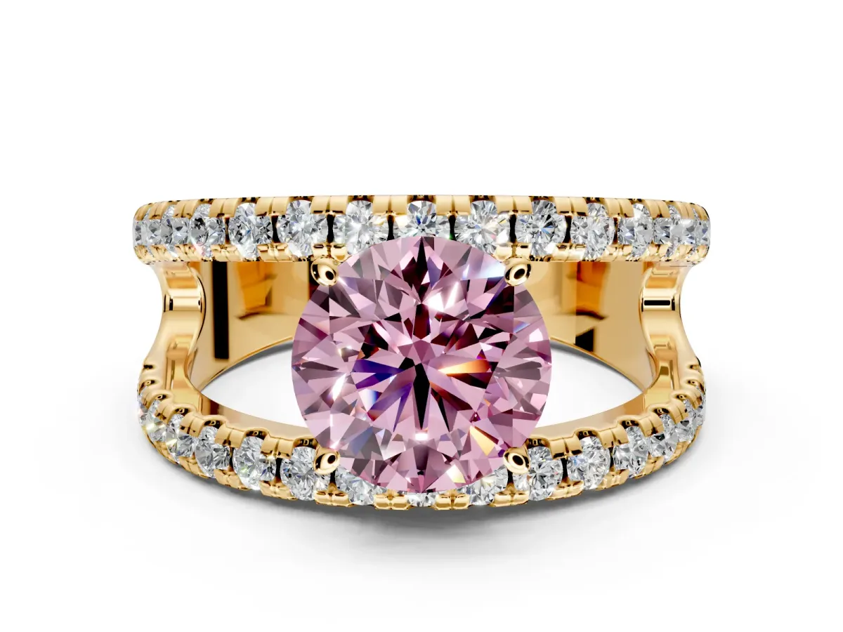 Solitaire Engagement Ring Setting for Fancy Pink Round Cut Center with Wide-Open Split Shank and Prong Head in Yellow Gold