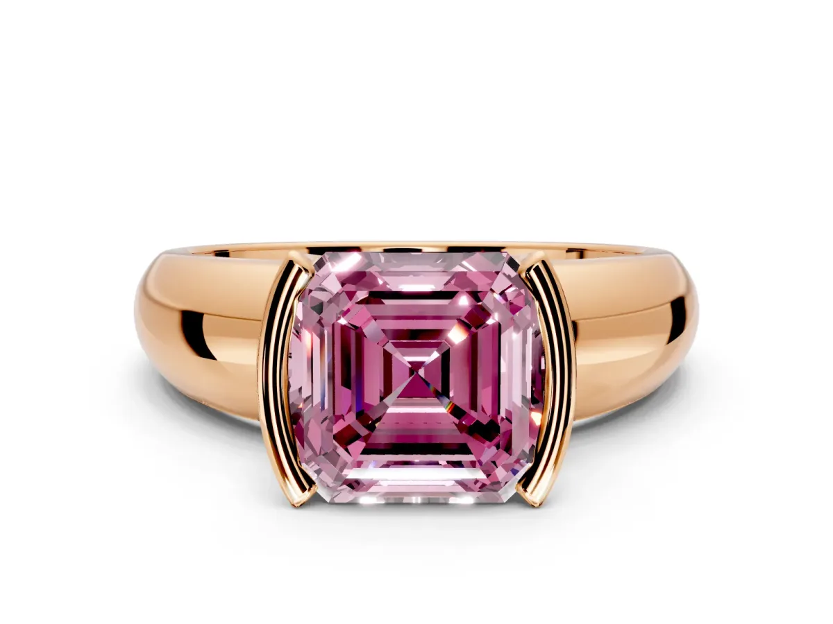 Tension Engagement Ring Setting for Fancy Pink Asscher Cut Center with Wide Flat Band and Tension Head in Rose Gold