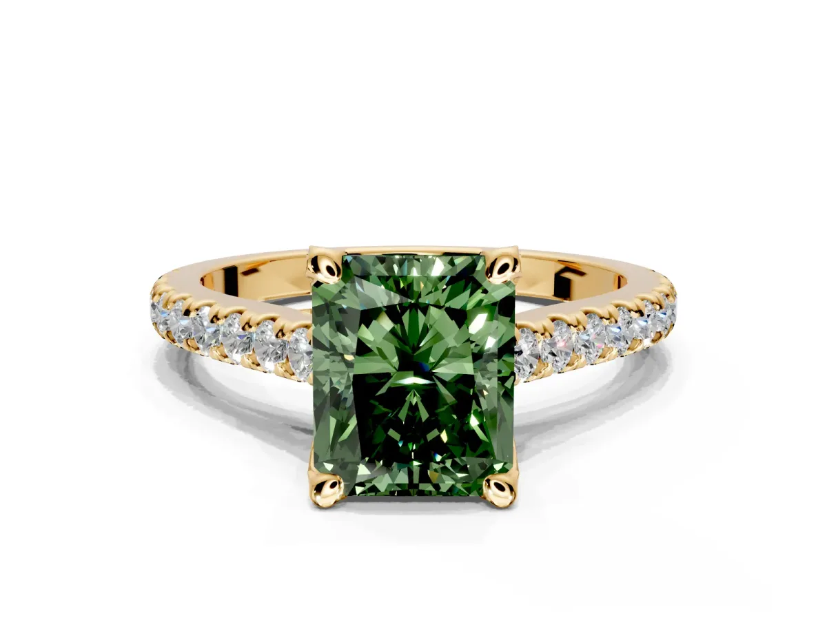 Solitaire Engagement Ring Setting for Fancy Green Radiant Cut Center with Widening Pave Band and Claw Prong Head in Yellow Gold