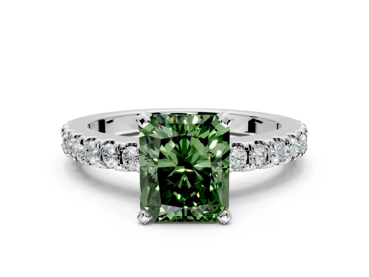 Solitaire Engagement Ring Setting for Fancy Green Radiant Cut Center with Single Row Accent Band and Prong Head in Platinum